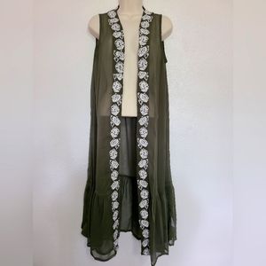 Curations Long Vest Embroidered Sleeveless Olive Green Small duster/cover-up